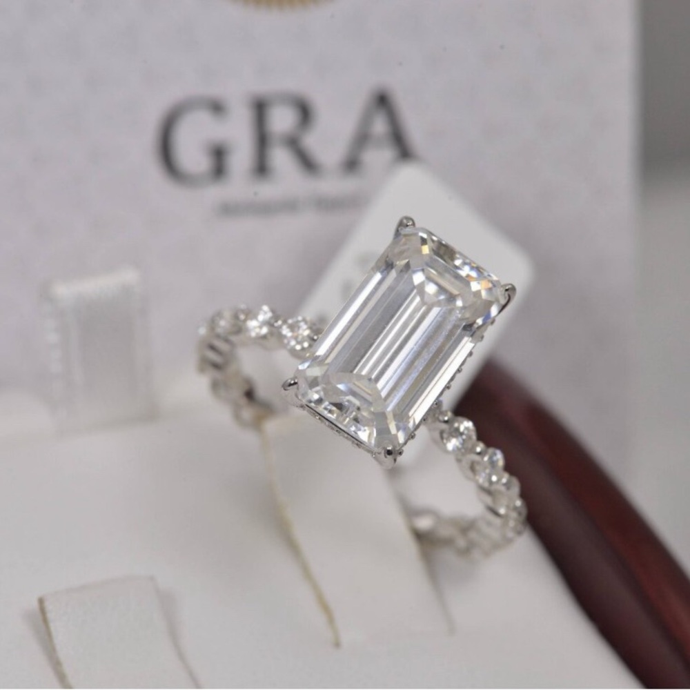 5 Karat Solitaire Emerald Cut Halo 14K White Gold Set On .925 Sterling Silver